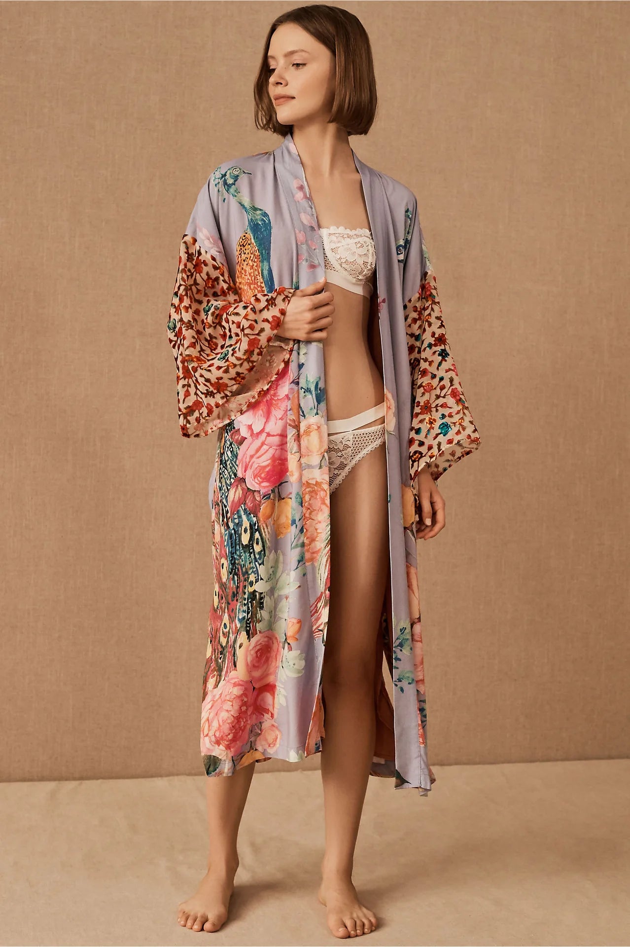 Peacock Print Beach Kimono Cover-Up — Self-Belted Wrap Dress Swimsuit Cover
