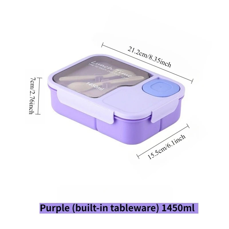 Purple lunch box with dimensions on a white background
