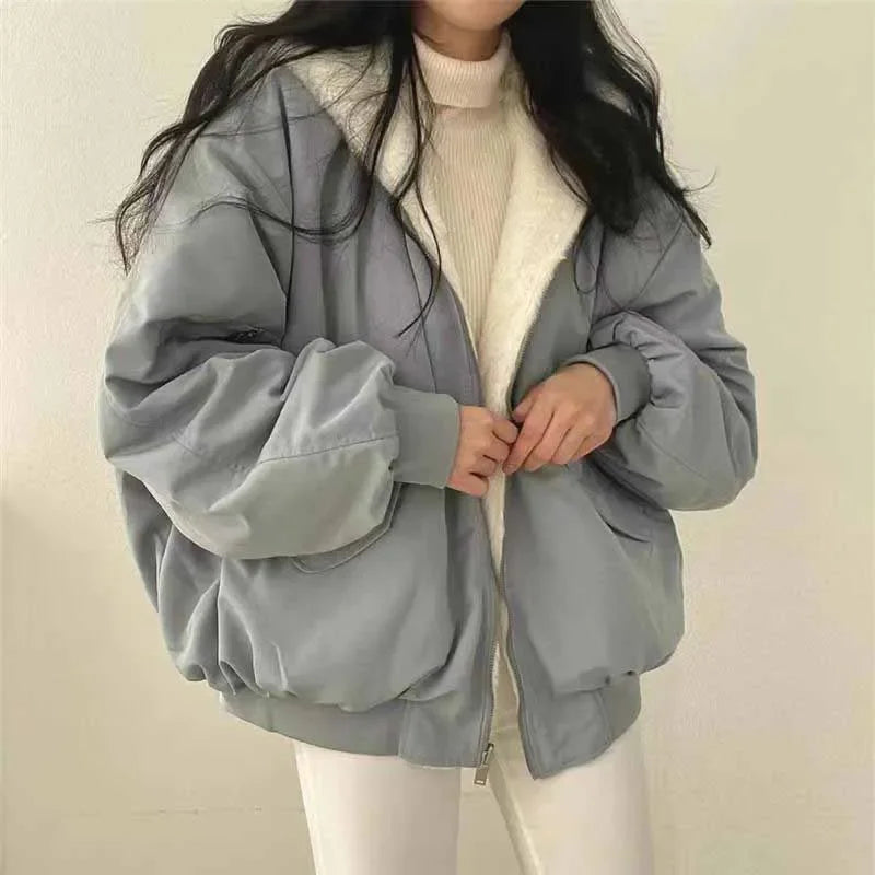 Women's Hooded Fleece Parka – Thick Zip-Up Korean Loose Winter Coat