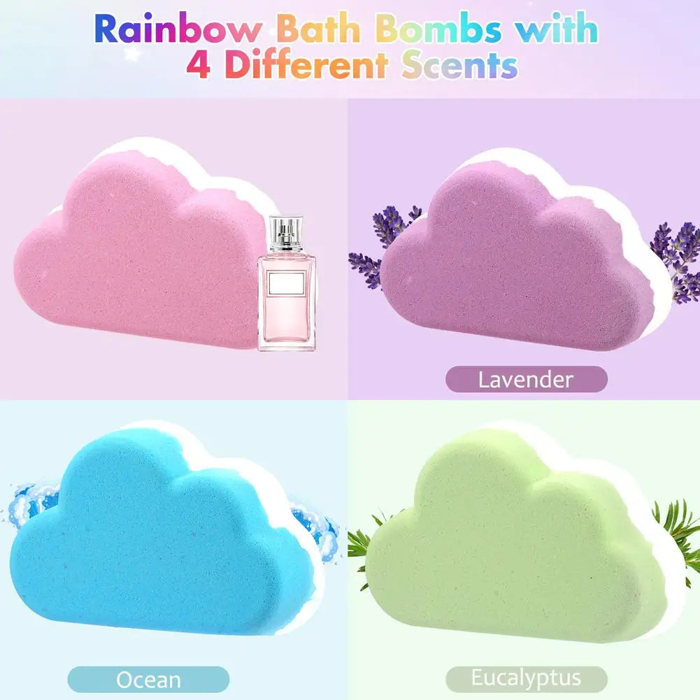 Rainbow Cloud Bath Bombs for Kids – Handmade Fizzy Spa Balls with Rainbow Colors & 4 Scents, Gift Set