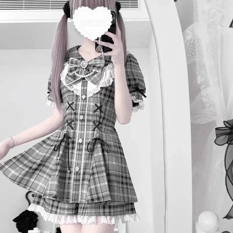 Japanese Gothic Lolita Mini Dress — Harajuku Y2K Bow Lace Ruffle Party Dress