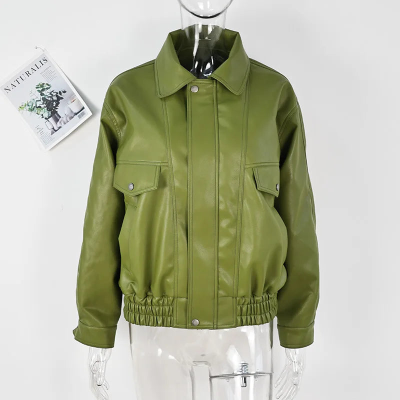 Women's Green Faux Leather Jacket – Loose Fit Lapel