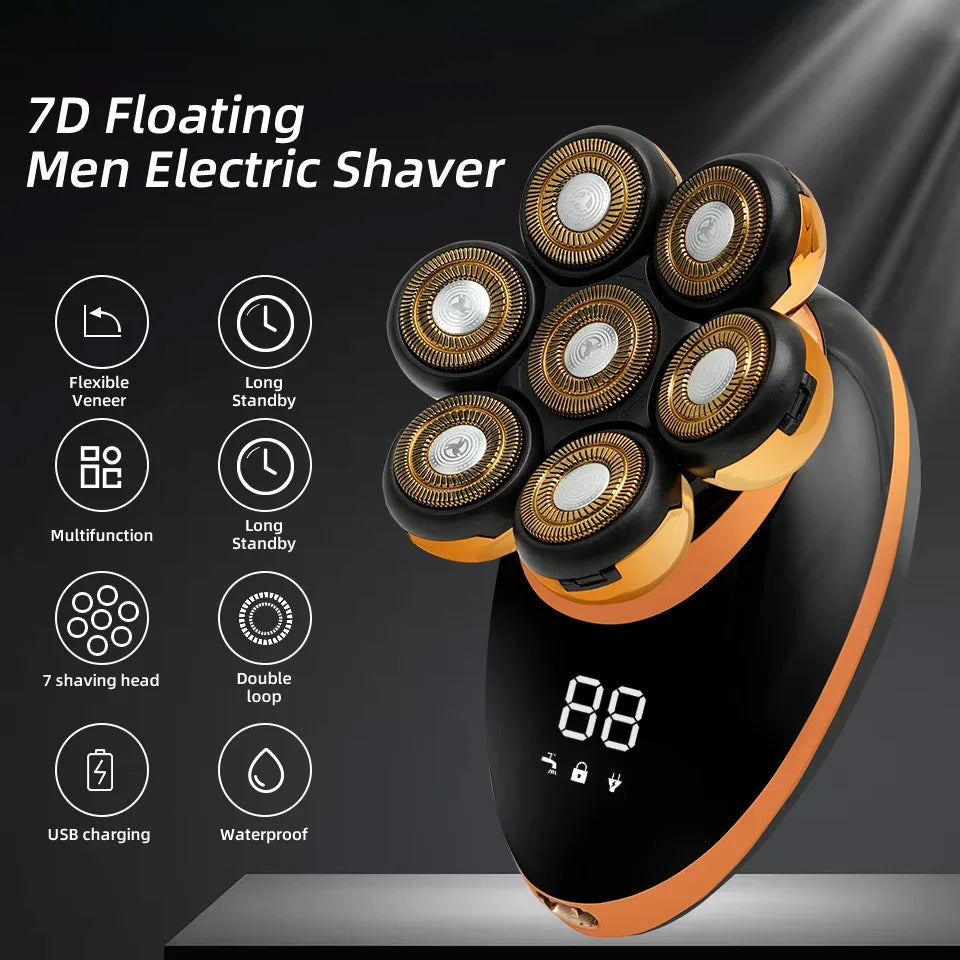 7D Floating Head Electric Shaver for Men – Wet/Dry Rotary Razor with LCD Display & Bald Head Trimmer