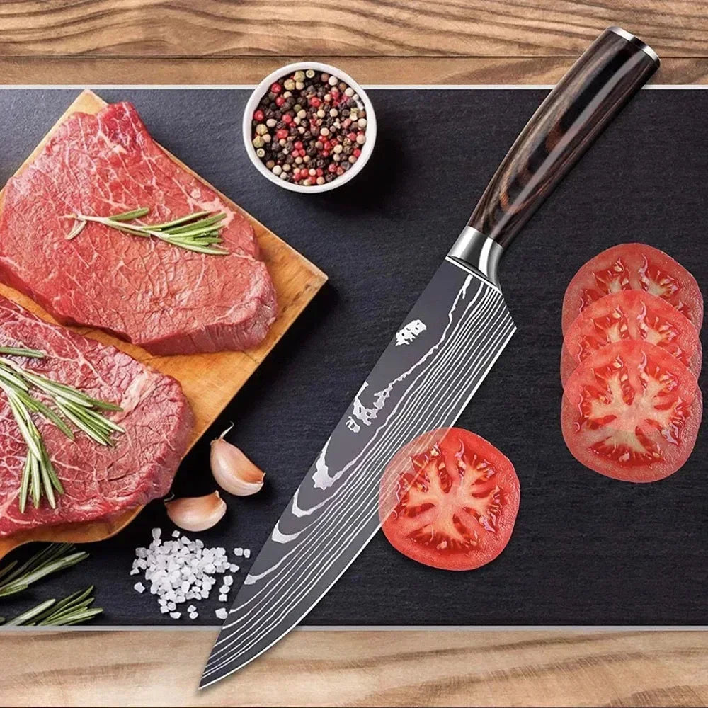 Damascus Kitchen Knife Set — Japanese Santoku, Cleaver, Slicing & Boning Knives