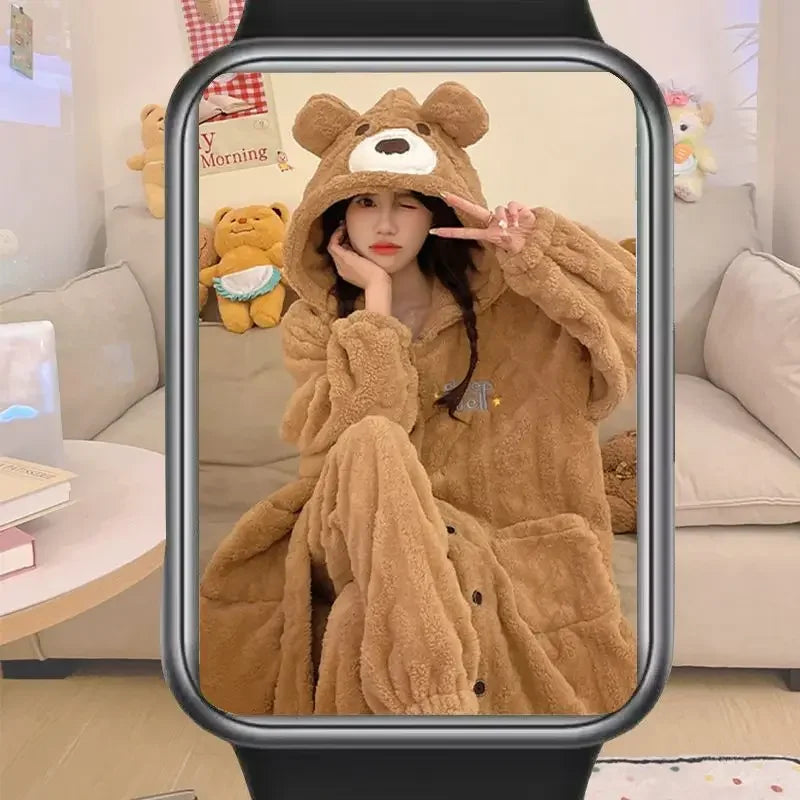 Women's Kawaii Coral Velvet Hooded Pajamas | Thickened Flannel Casual Homewear Suit