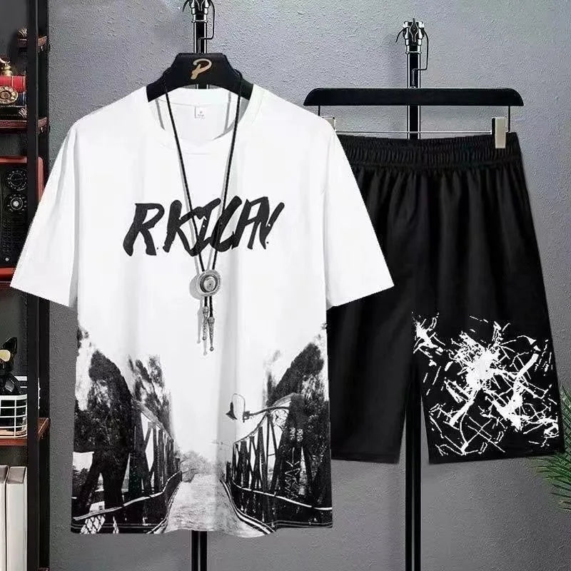 Men's Manga Graffiti Print T-Shirt & Shorts Set – Breathable Summer Leisure 2-Piece