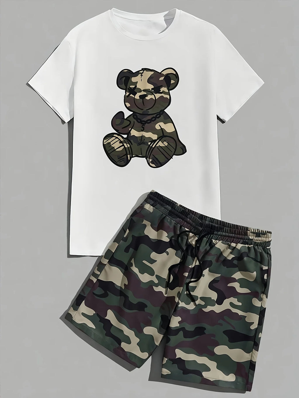 Men's Hip-Hop Bear Print Short Sleeve Sports Set – Quick-Dry 2-Piece Streetwear