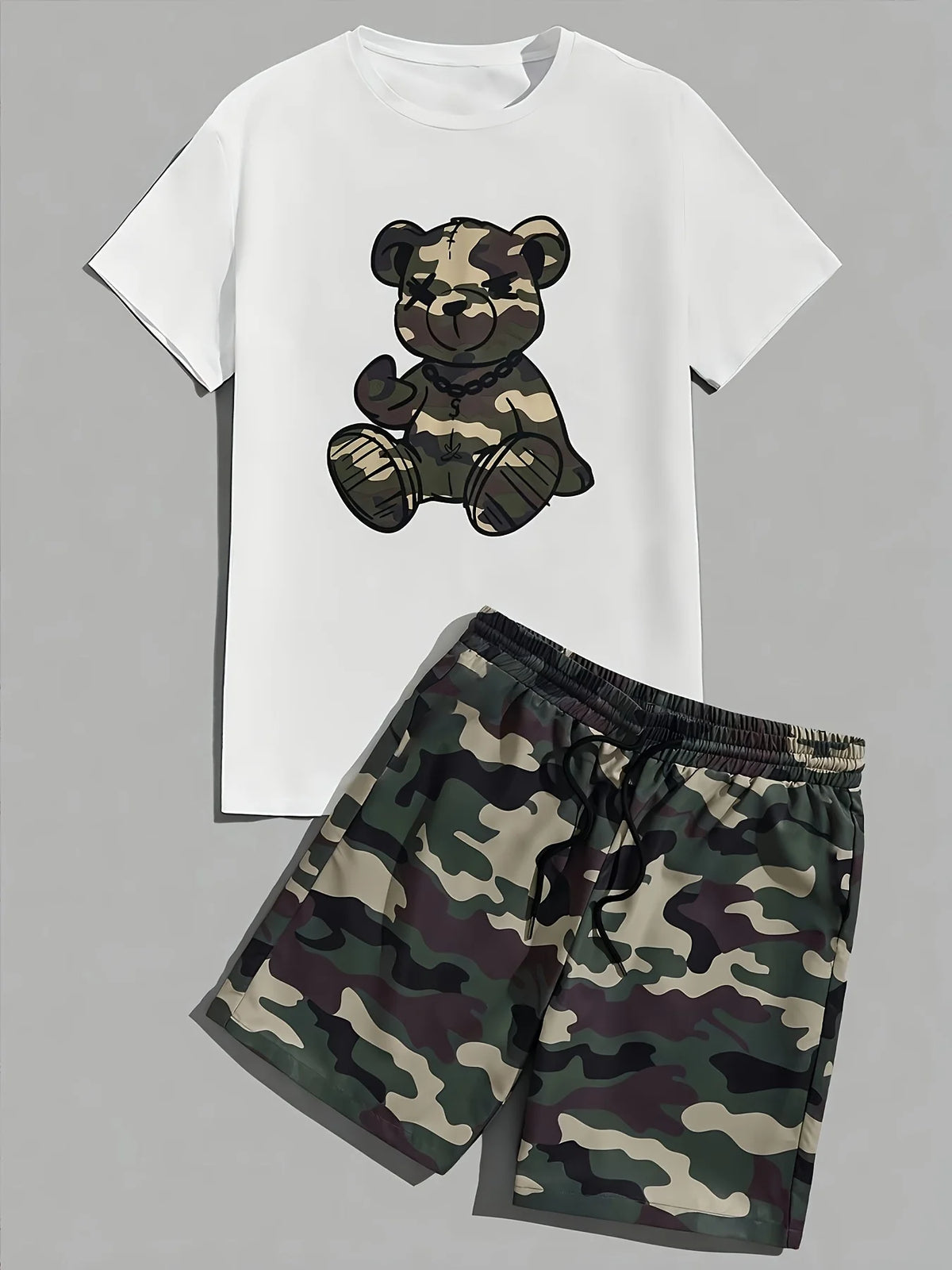Men's Hip-Hop Bear Print Short Sleeve Sports Set – Quick-Dry 2-Piece Streetwear