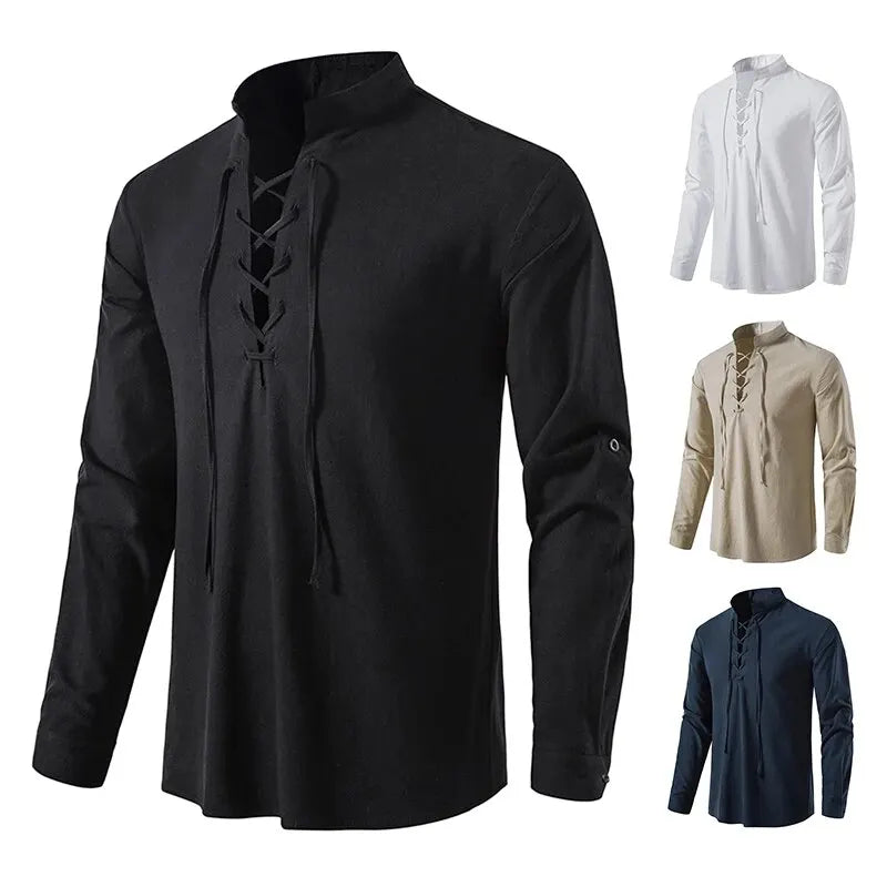 Men's Cotton Linen Drawstring Long Sleeve Shirt — Vintage Casual US Size Top