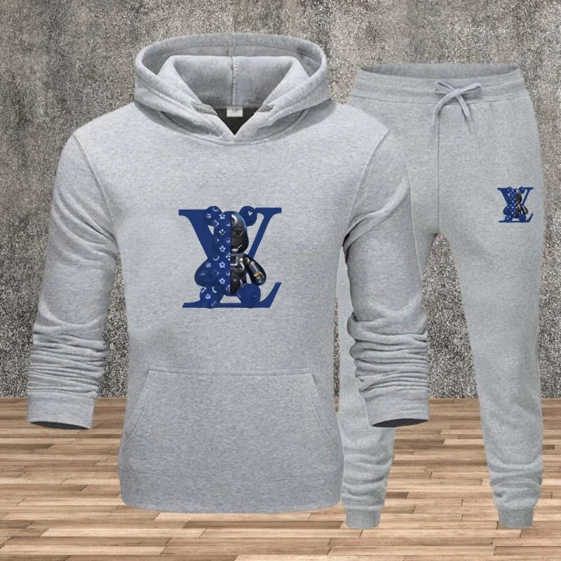 Men's Printed Hoodie Sweatshirt Set – 2-Piece Fleece Jogging Tracksuit