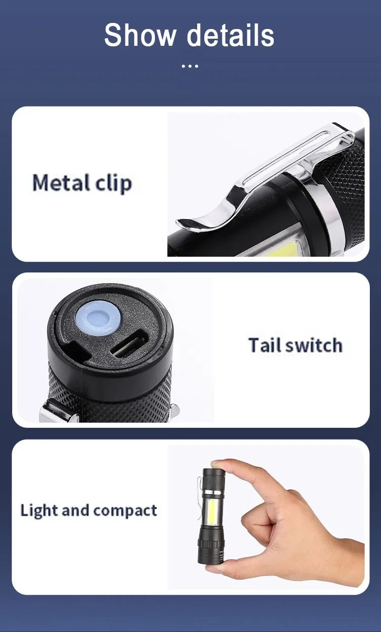 USB Rechargeable Mini Zoomable Flashlight – COB+XPE 3-Mode Camping & Emergency Torch