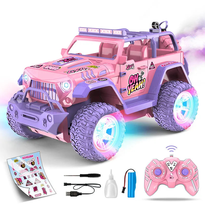 1:16 Pink remote control car DIY stickers music light spray off-road toy car Christmas gift
