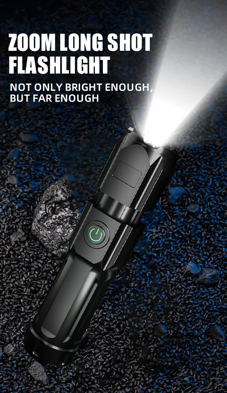 F15-T Tactical LED Flashlight – Zoomable, 4-Mode, USB Rechargeable, Waterproof Fishing Hunting Camping Torch