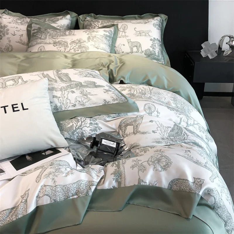 Eucalyptus Lyocell Bedding Set – Silky Soft Forest & Leopard Print Duvet Cover, Bed Sheet & Pillowcases