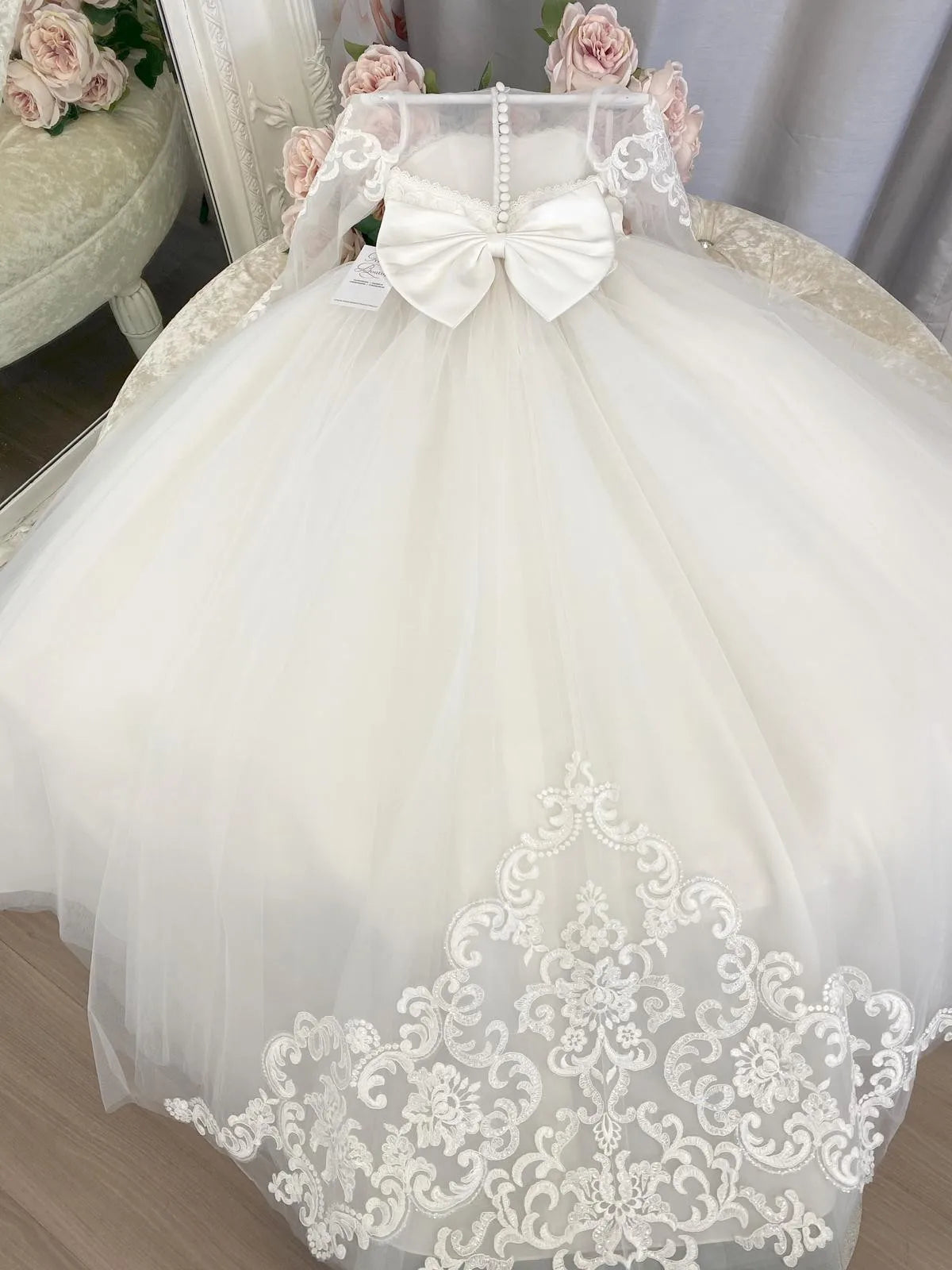 Long Sleeve Flower Girl Dress — White Lace Tulle First Communion & Bridesmaid Dress