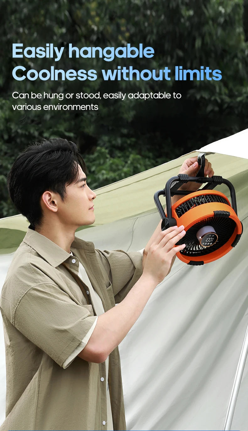 20000mAh 6-in-1 Outdoor Camping Fan – Rechargeable Wireless Tent Ceiling Fan with LED Light & Air Circulator
