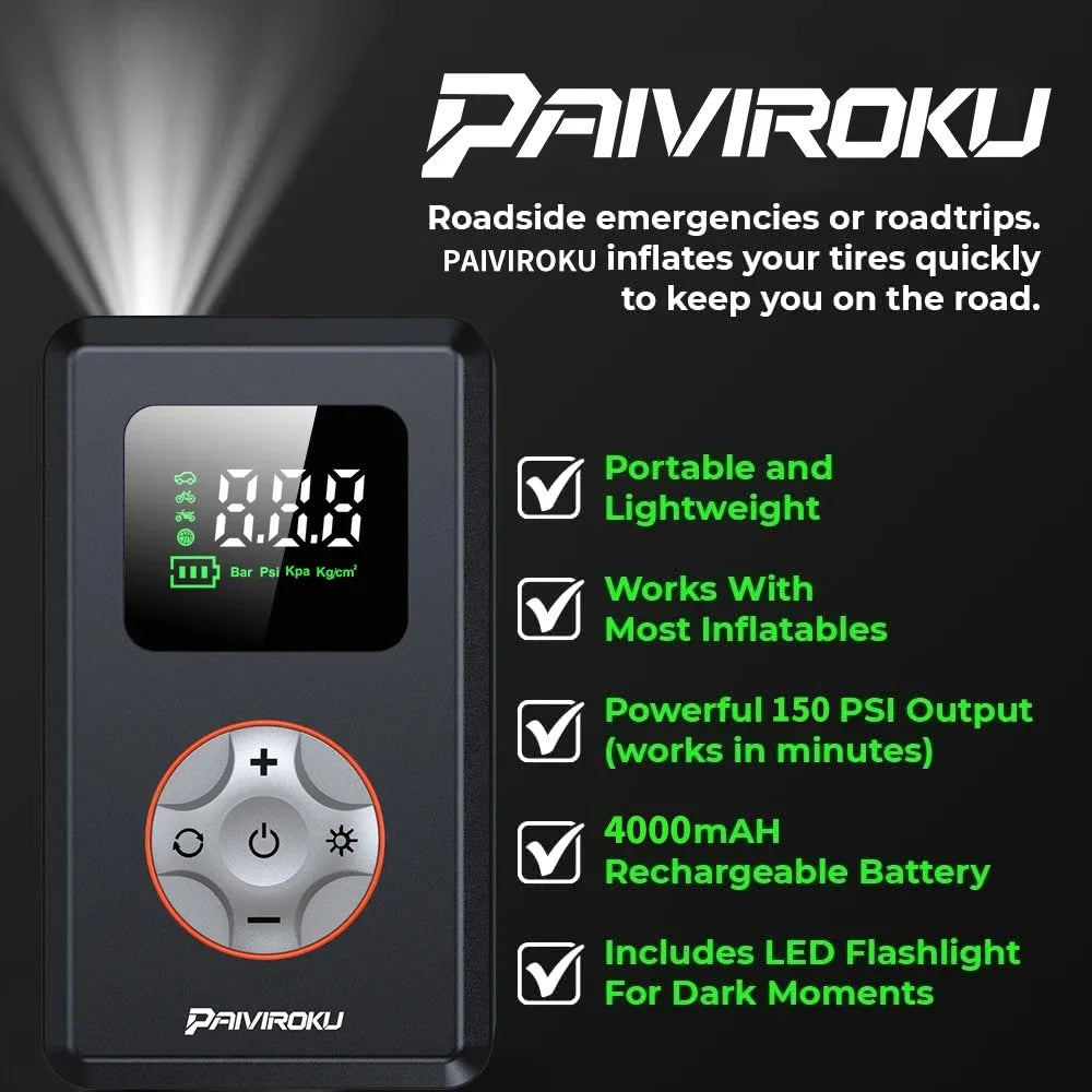 PAIVIROKU tire inflator with digital display and features listed on a black background