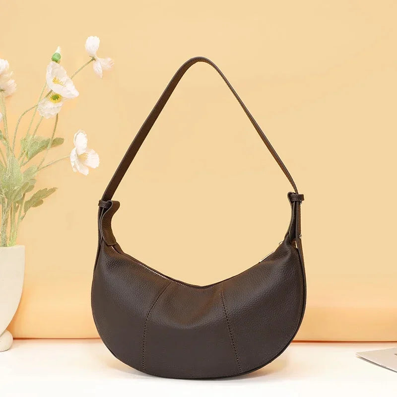 Badiman Genuine Cowhide Half-Moon Underarm Bag – Large Capacity Shoulder Crossbody Tote for Women