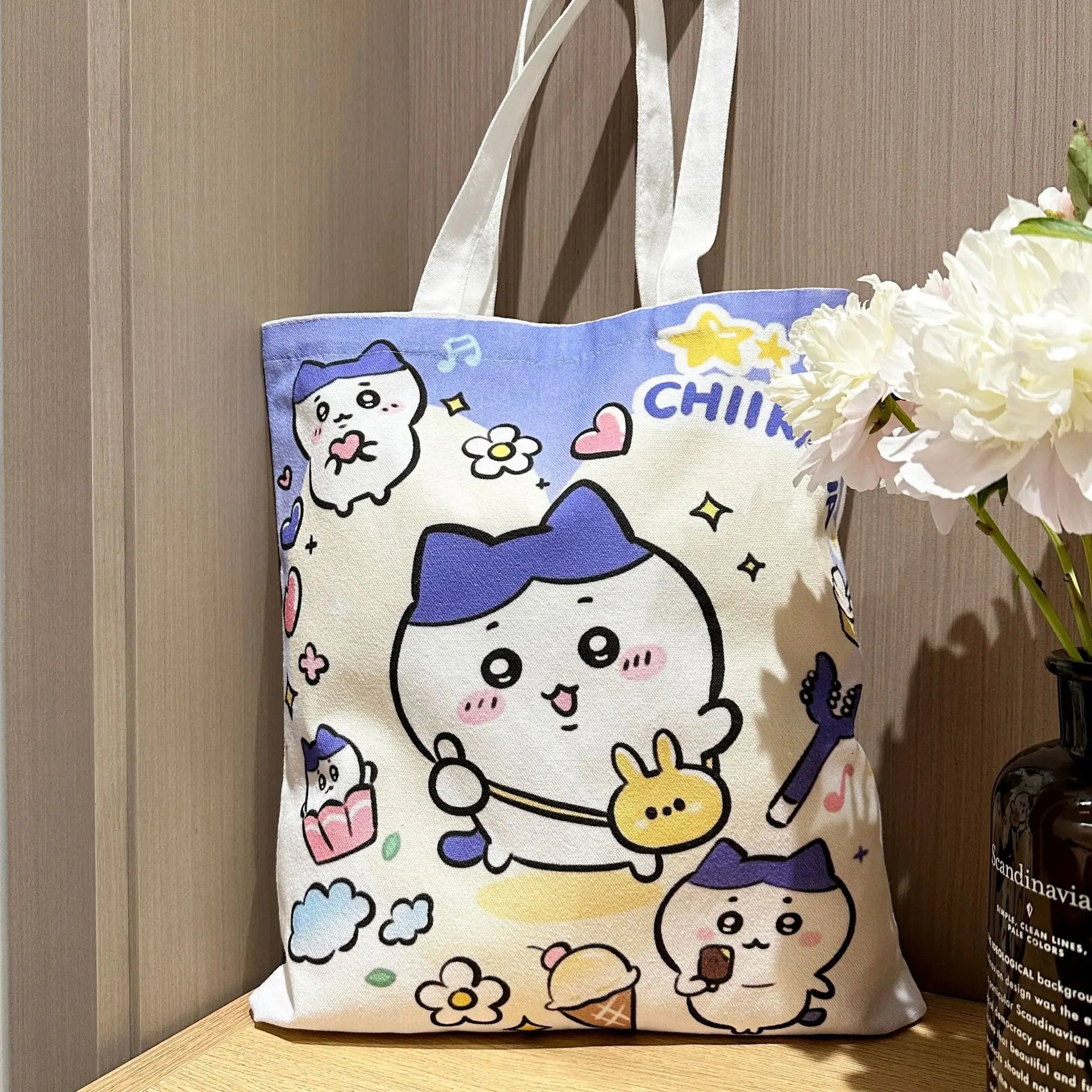 Chiikawa Hachiware Canvas Tote Bag – Large Capacity Foldable Shoulder Shopping Bag for Women