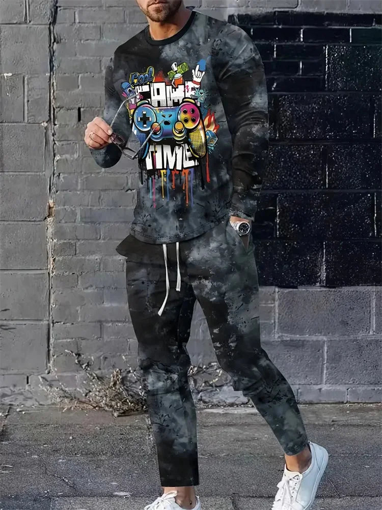 Men's Retro Quilted Print Long Sleeve T-Shirt & Pants Set – Casual Street Sport 2-Piece