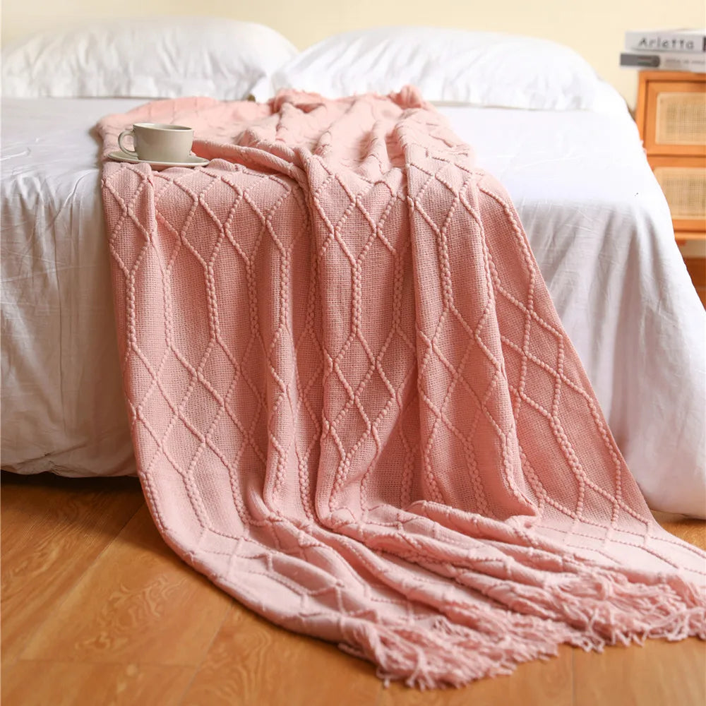 Knitted Acrylic Throw Blanket with Tassels – Chunky Farmhouse Style, 28 Colors & 2 Sizes