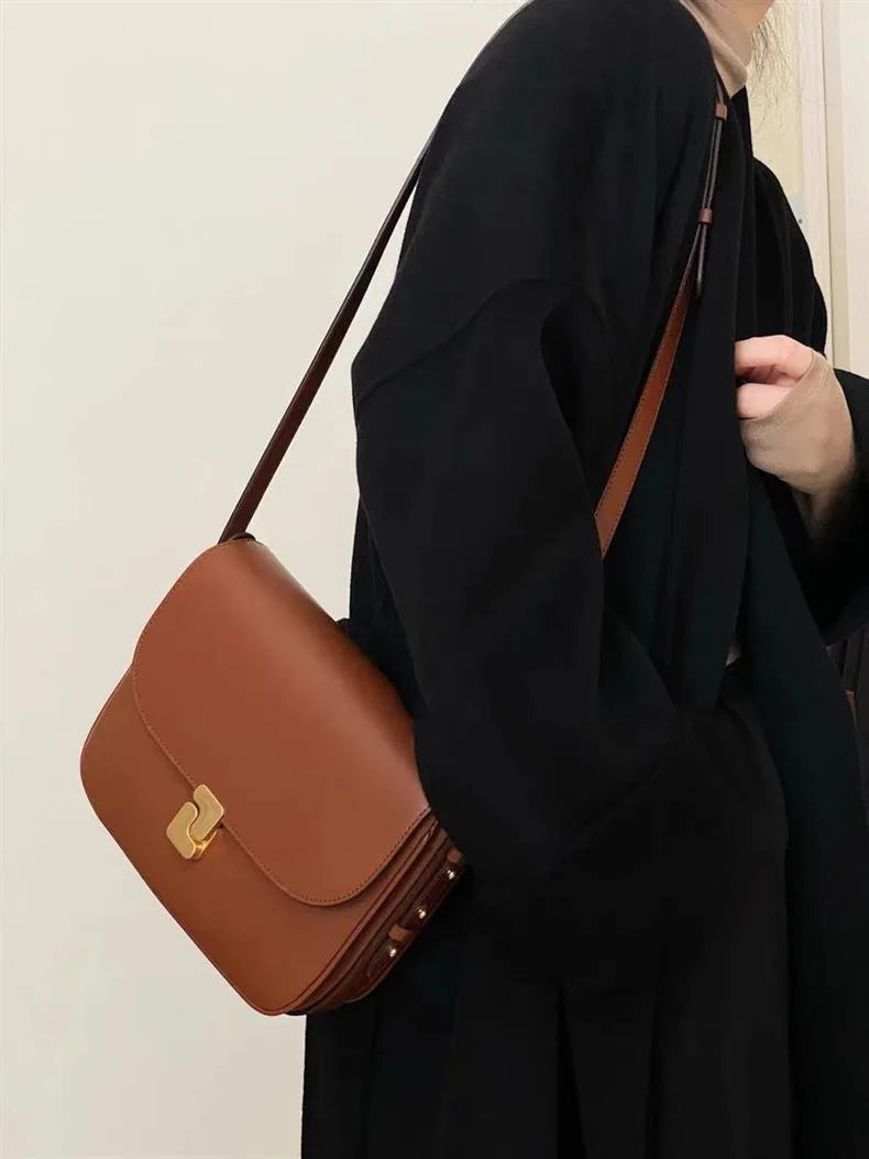 French Niche Top-Grain Genuine Leather Small Square Shoulder Bag – Luxury Crossbody Satchel for Women