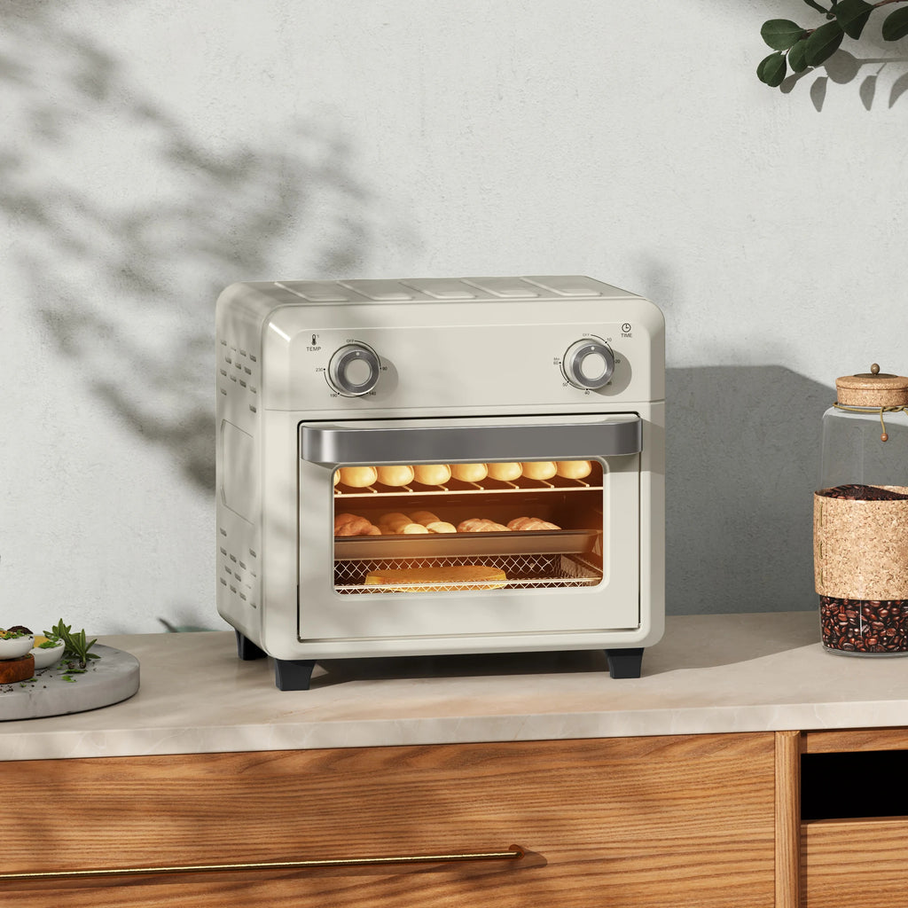 HOMCOM 10L Mini Hot Air Oven & Oil-Free Deep Fryer – 60-Min Timer, 80-230°C, Plate & Baking Grid, Cream
