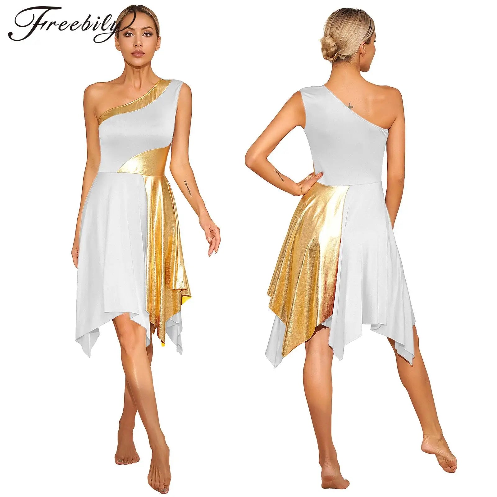 One Shoulder Irregular Hem Dance Performance Dress — Lyrical Worship Dancewear Costume