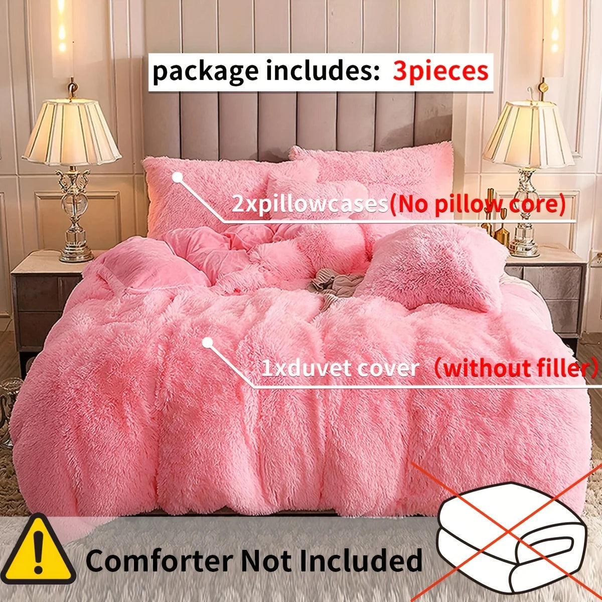 Plush Faux Fur Duvet Cover Set – Luxurious 3-Piece Bedding, 16 Colors & 10 Sizes