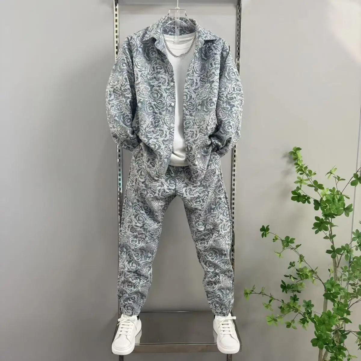 Men's Sporty Lapel Jacquard Long Sleeve Shirt & Pants 2-Piece Set – Spring Autumn Fashion