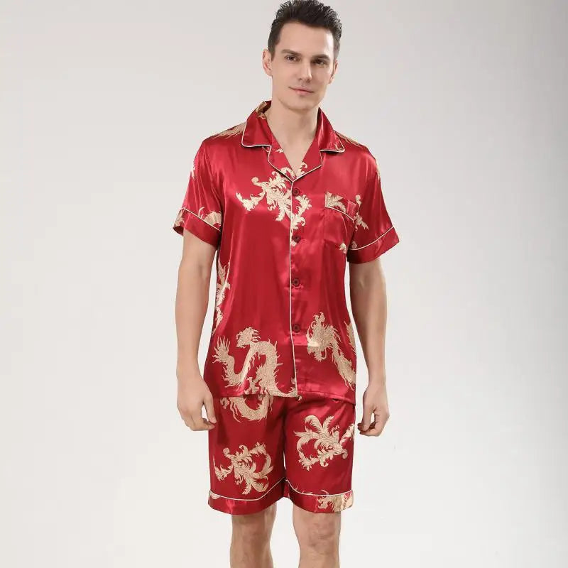 Men's Dragon Print Satin Pajama Set — Lapel Shirt & Shorts