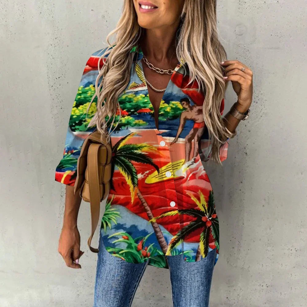 Women's 3D Flower Print V-Neck T-Shirt – Kawaii Oversized Summer Top & Blouse
