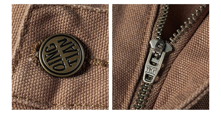 Close-up of a brown canvas bag showing a round metal button with the brand name 'CJRC' and a silver metal zipper pull.