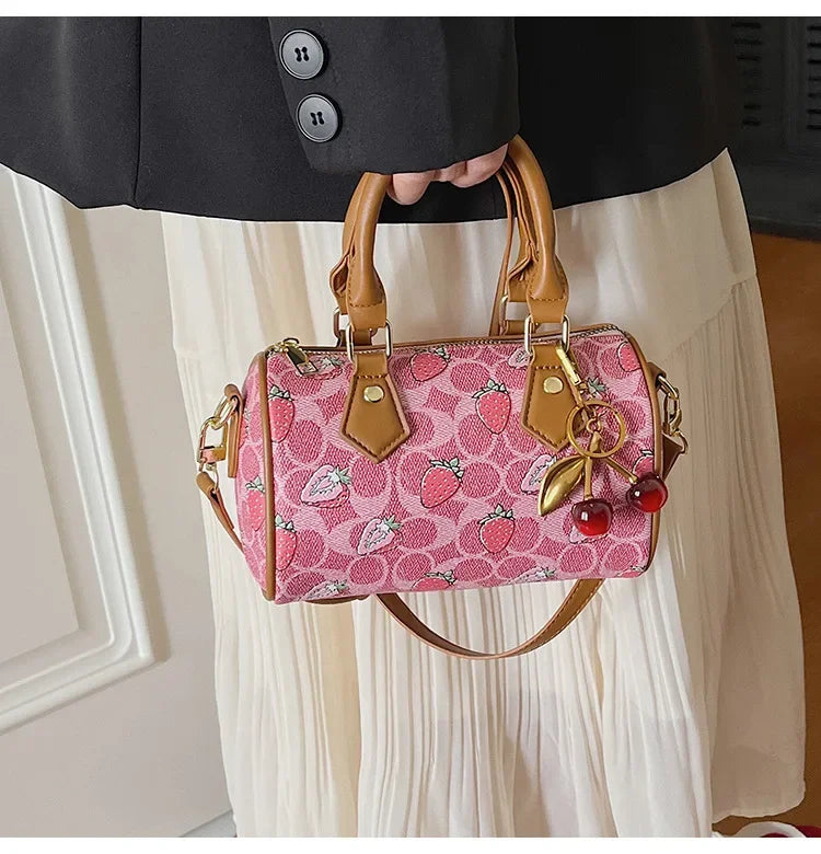 Cherry Print PU Leather Boston Crossbody Shoulder Bag – Luxury Designer Handbag for Women