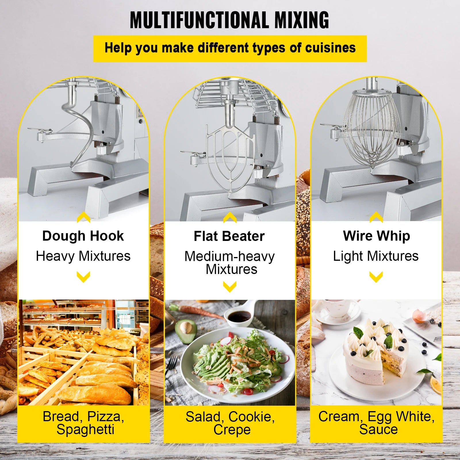 SucceBuy 10Qt 450W Commercial Food Mixer – 3-Speed, Heavy Duty Stainless Steel Whisk & Beater