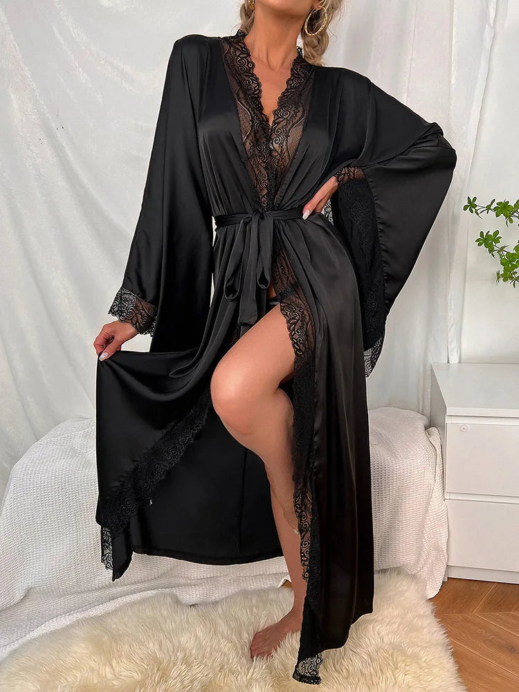 Women's Lace Patchwork Kimono Robe | Flare Sleeve Bridal Wedding Loungewear