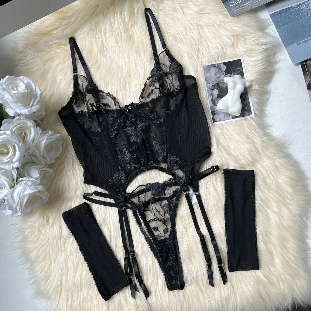 Sheer Embroidery Bra & Brief Set — Transparent Lace Underwear Suit