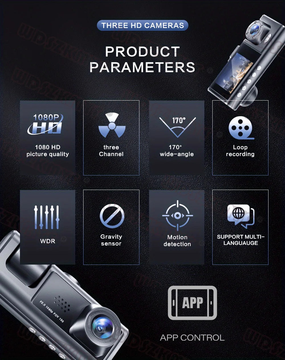 1080P 2/3-Lens WiFi Dash Cam – Front, Rear & Interior, Night Vision, G-Sensor, Loop Recording