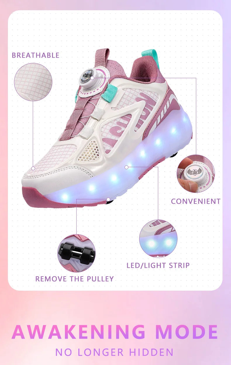 Children's 4-Wheel LED Light Roller Skate Shoes – Removable Wheeled Rolling Sneaker for Kids