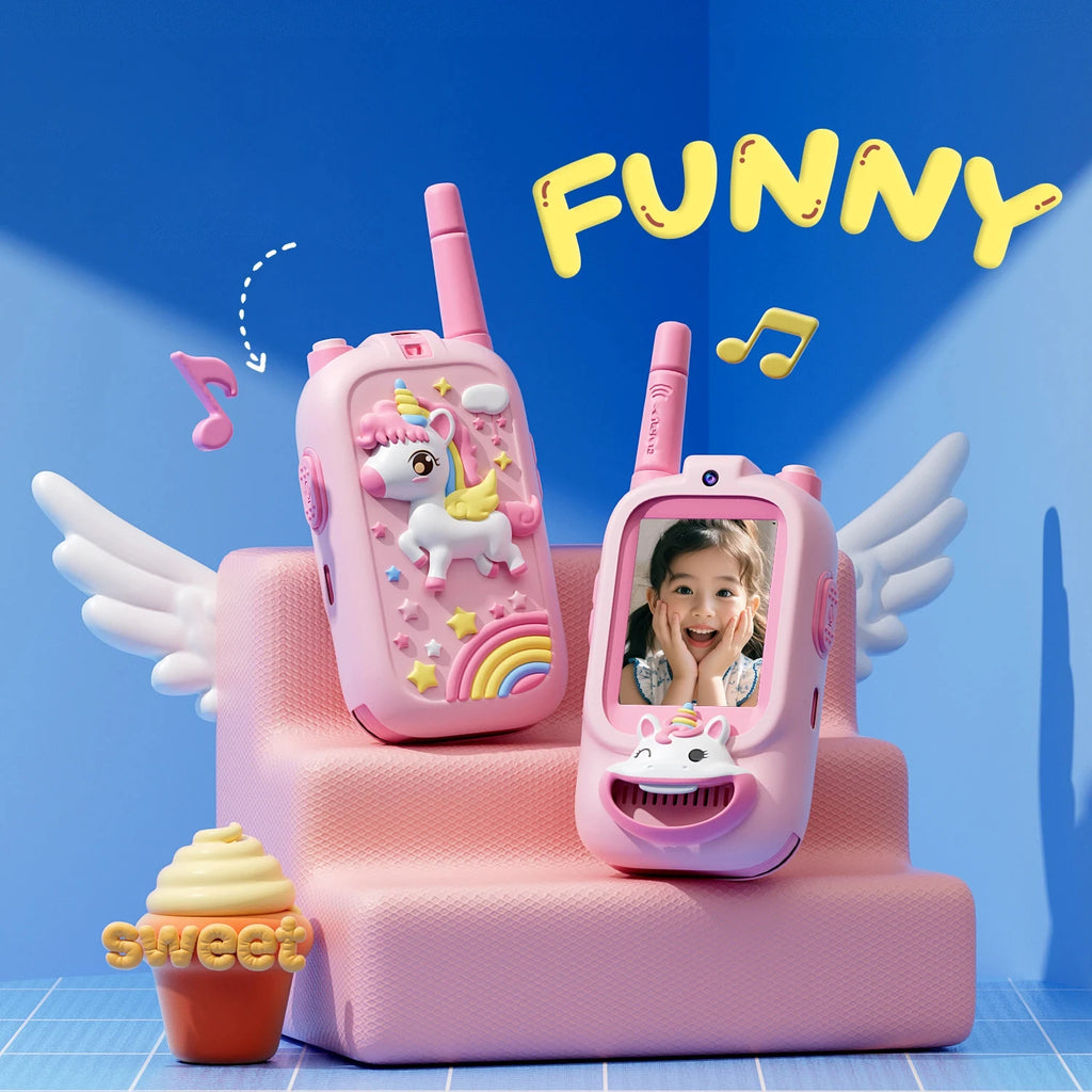 Kids Video Walkie Talkies 2-Pack – HD Screen, Face-to-Face Video, Voice Effects, 400m Range, No WiFi