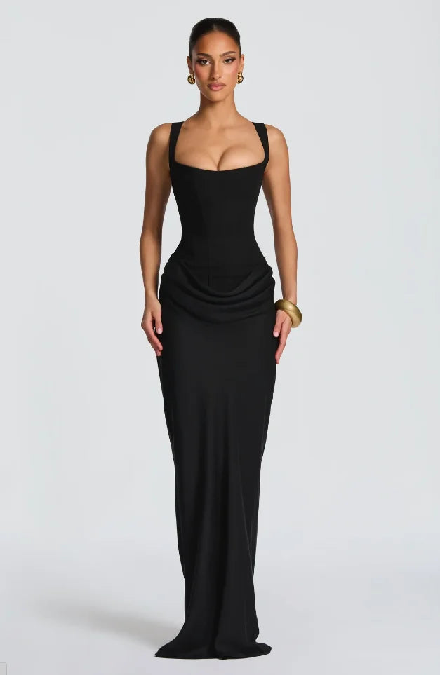 Square Neck Pleated Sling Dress — Off-Shoulder Waist-Cinching Slim Evening Gown