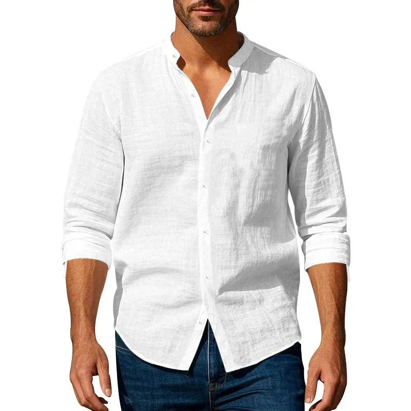 Men's Cotton Linen Henley Long Sleeve Shirt — Slim Fit Breathable Button-Up