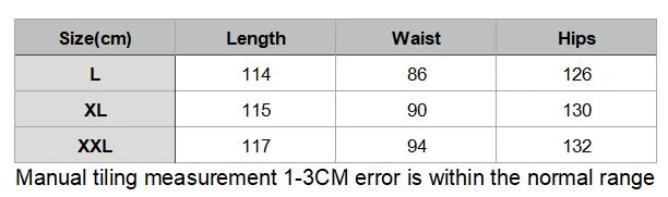 A size measurement chart with a gray header and black text on a white background, showing measurements for L, XL, and XXL sizes in centimeters for length, waist, and hips