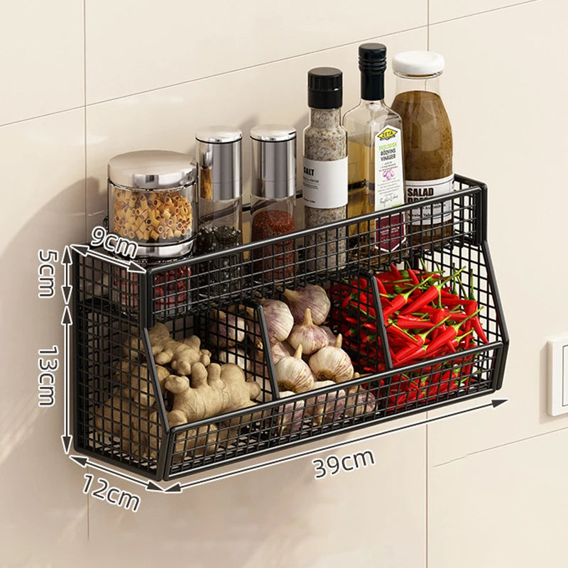Screwless Wall-Mounted 3-Compartment Kitchen Storage Rack – Multi-Use Iron Organizer for Kitchen & Home