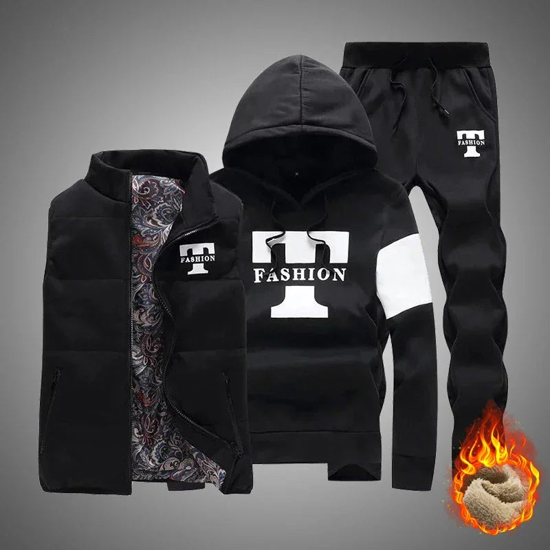 Men's 3-Piece Winter Tracksuit – Hoodie, Vest & Pants Thick Warm Set