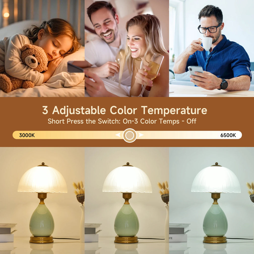 Green Ceramic Table Lamp – Scalloped Glass Shade