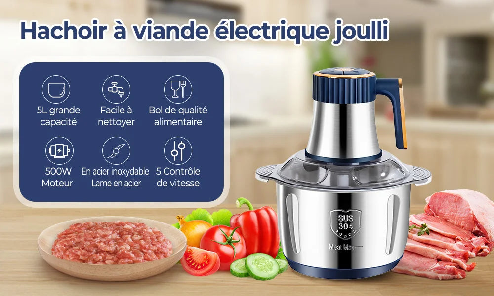 5L Electric Meat Grinder & Food Crusher – Stainless Steel, Multifunctional Vegetable Slicer, Chopper & Blender