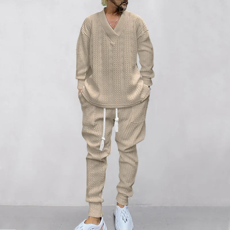 Men's Jacquard Knit Sweater & Casual Trousers Two-Piece Set