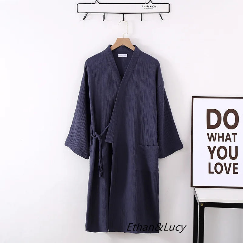 Couples 100% Cotton Crepe Gauze Robe | Long-Sleeve V-Neck Kimono Wedding Bathrobe
