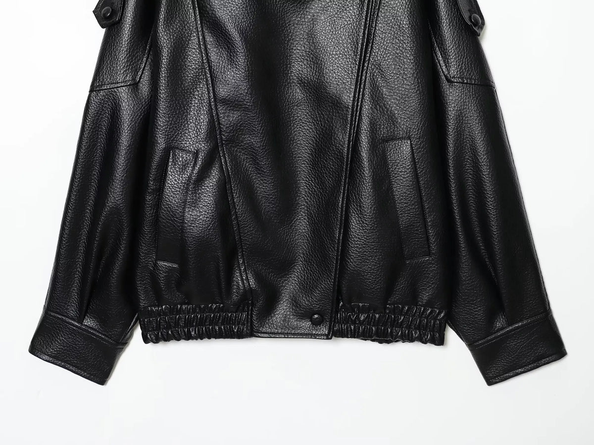 TFMLN Chic Black Faux Leather Jackets Women Long Sleeve Buttons Elastic Oversized Coats Fashion 2025 Autumn Winter Streetwear